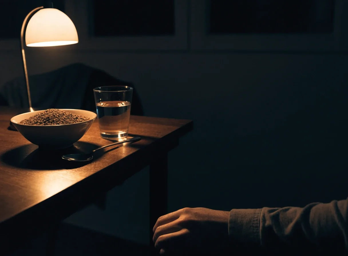 A nutritionist's desk at night with rye grain in a bowl and a glass of water under a warm lamp