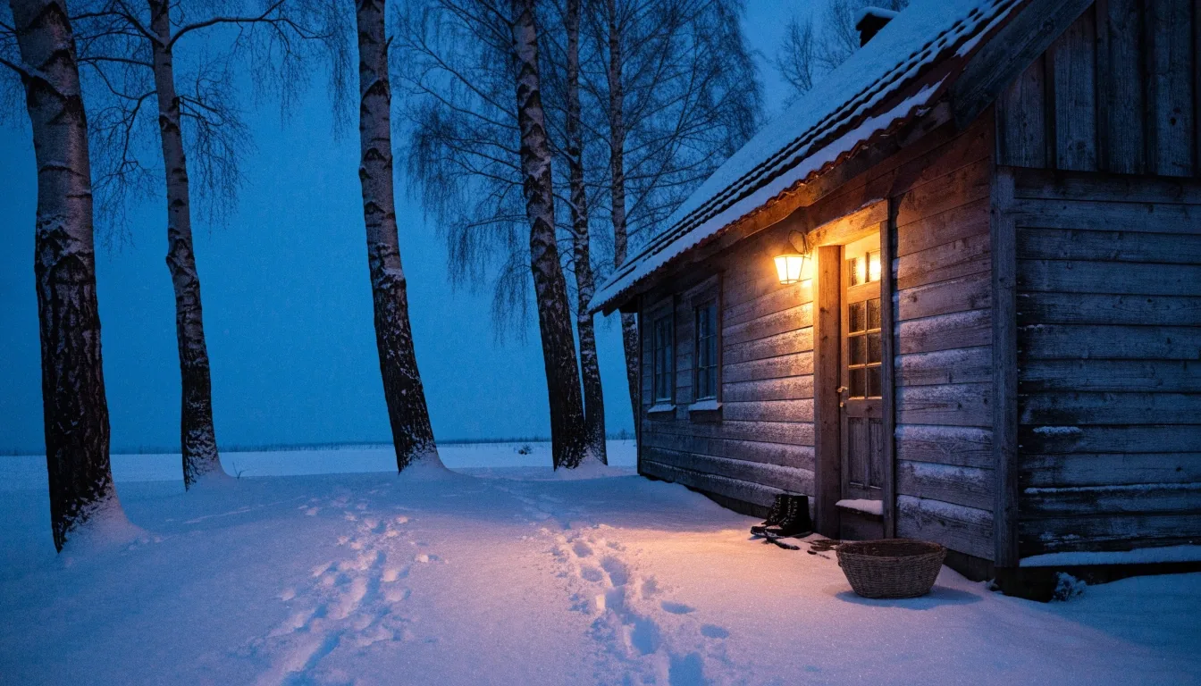 A snow-lit path to a wooden house in dark Estonian winter twilight