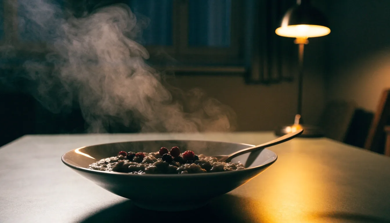 A bowl of dark rye porridge with berries on a plain kitchen table, steam lit by a single warm evening lamp