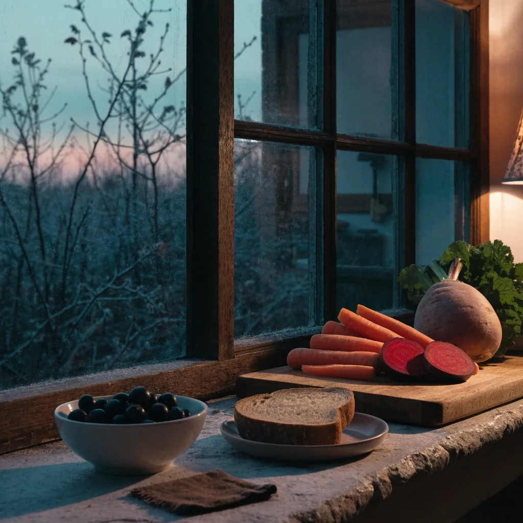 Root vegetables, berries and a slice of dark whole-grain bread on a kitchen counter in low warm evening light