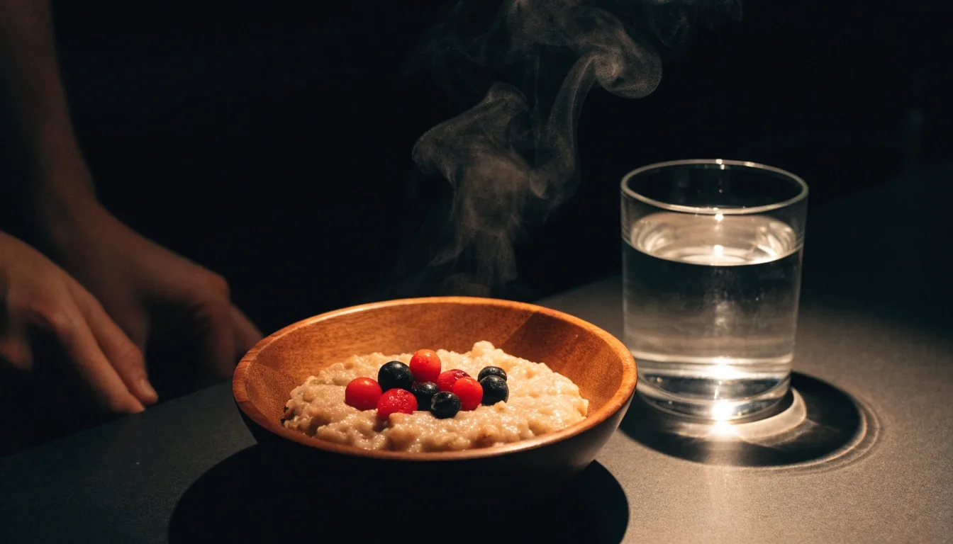 A bowl of wholegrain porridge with berries and a glass of water under a single warm lamp on a dark kitchen counter