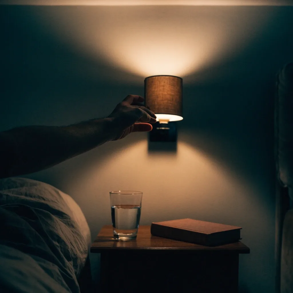 A hand switching on a small bedside lamp, its warm light pooling across a plain wall at night