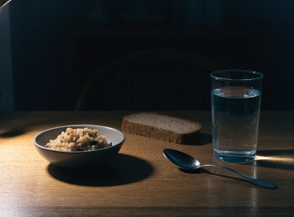 A small bowl of a light evening meal with a slice of dark whole-grain bread beside a glass of water under a warm lamp