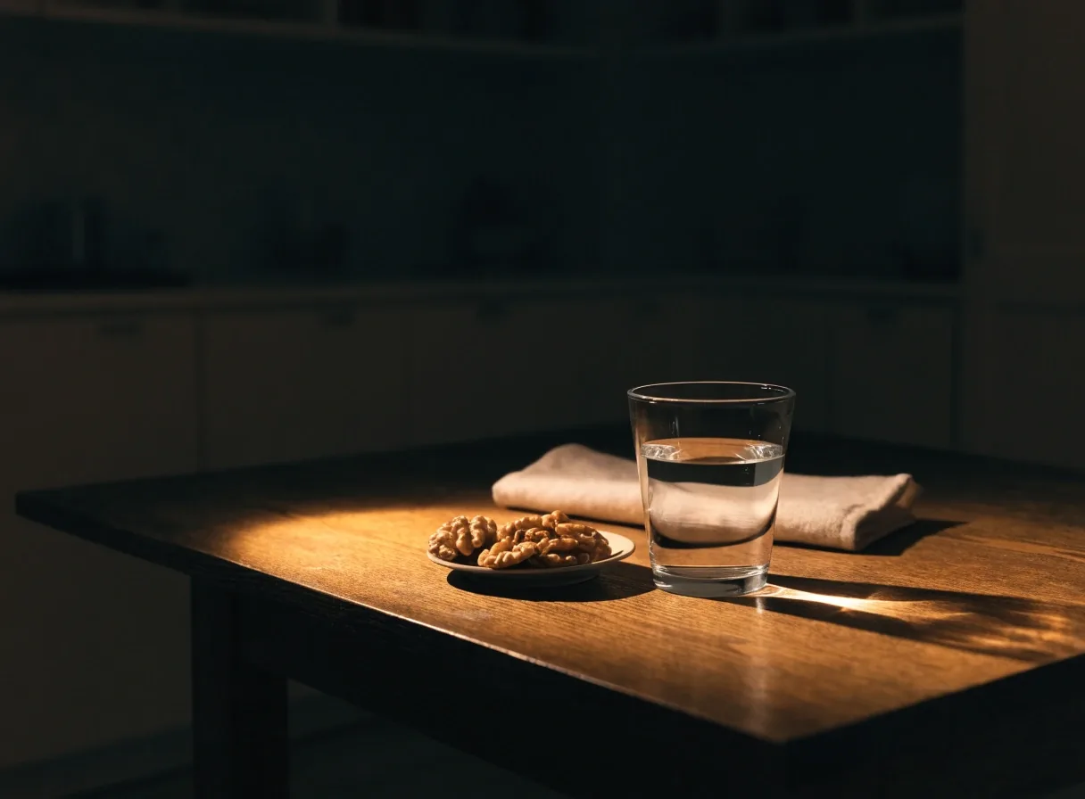 A glass of water and a dish of walnuts on a wooden table under one low warm lamp