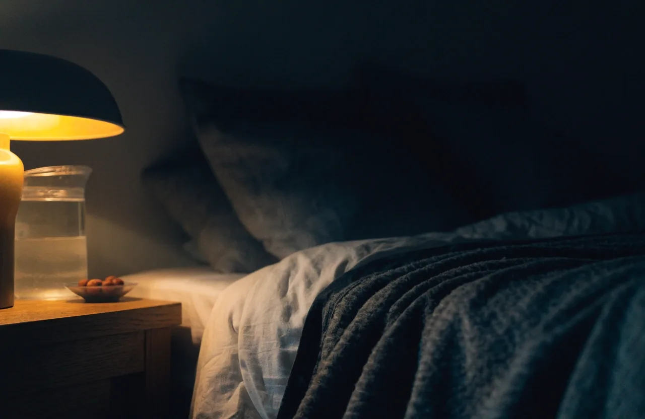 A bedside table at night with a water carafe, a small dish and a warm lamp beside an unmade bed